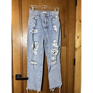 PacSun High Rise Straight Jeans Womens 27 Blue Distressed Raw Hem Mom Denim